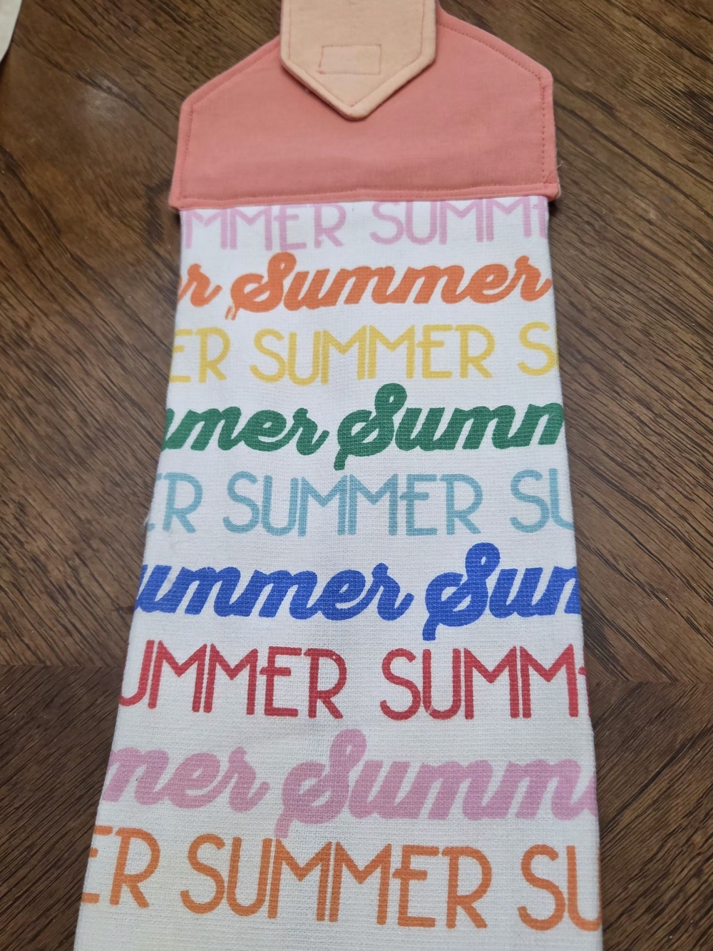 Multi-Color "Summer" Kitchen Towel with Coral Top Hanger